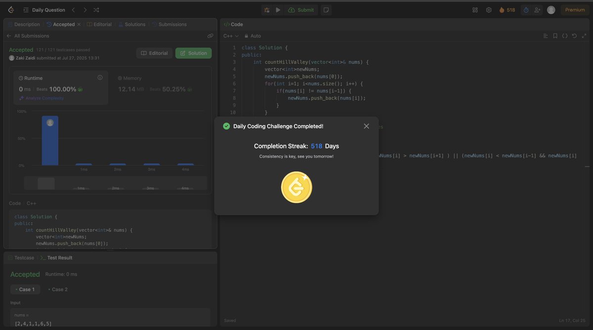 zakizaidi55's tweet image. 💻 Just completed Day 518 of LeetCode Daily Challenge!

✅ 121/121 test cases
⚡️ Beats 100% in runtime
📈 Streak: 518 days strong!
DSA is a marathon — not a sprint.
Stay consistent. Stay sharp. Let’s gooo! 🧠🚀
#LeetCode #CodingStreak #DSA #DeveloperLife #100xEngineer