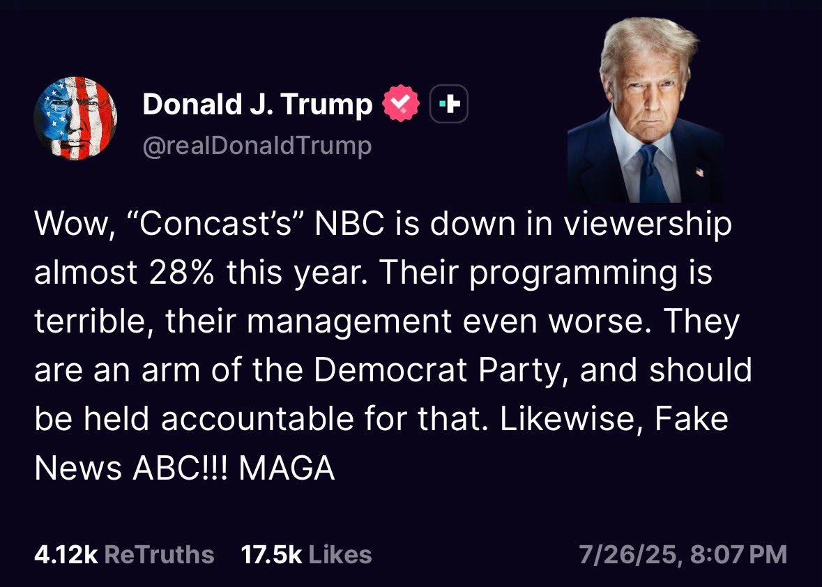 Good morning, X! Happy Sunday! 🇺🇸☕️♾️

BREAKING:  FAKE NEWS

“Networks aren’t allowed to be political pawns for the Democrat Party. It has become so outrageous that, in my opinion, their licenses could, and should, be revoked! MAGA” —President Donald J. Trump

Have a