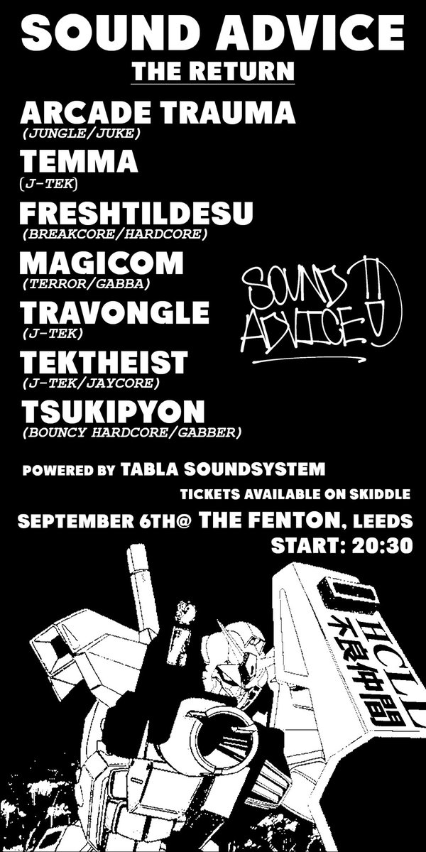 SoundAdviceRave's tweet image. WE’RE BACK!!!
Sound advice is coming to the Fenton in Leeds for 6th September as our first ever solo independent rave event.
We’ll be throwing an abundance of nonsense rave music for your ear schreeching pleasure!
Find out tickets on Skiddle: skiddle.com/whats-on/Leeds…