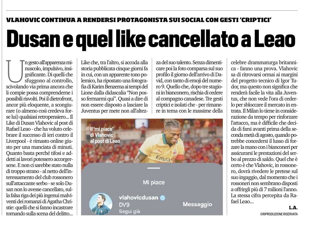 ACMilanInside_'s tweet image. Dusan e quel like cancellato a Leao