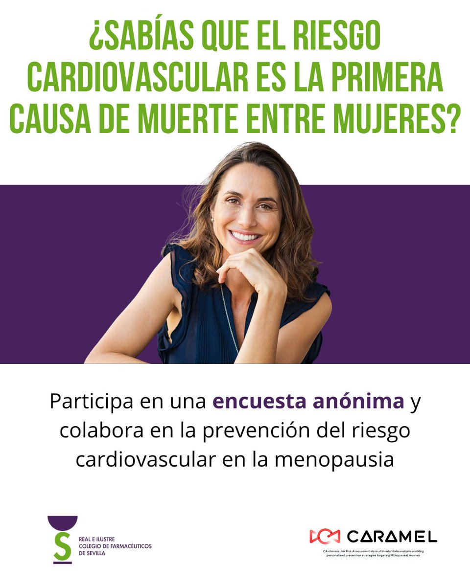 🫀 El riesgo cardiovascular es la 1ª causa de muerte en mujeres.
En la menopausia, este riesgo aumenta.

Participa en el estudio europeo #CARAMELWoman para mejorar la prevención.
📲 Encuesta anónima: caramel.qualtrics.com/jfe/form/SV_e4…

#SaludFemenina #FarmacéuticosDeSevilla #Menopausia
