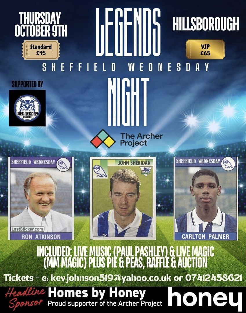 wedwarehouse1's tweet image. We are Supporting, homeless charity @archerproject join 3 #swfc #sheffieldwednesday legends Big Ron, CP & Shez plus guests at Hillsbro, for an evenings entertainment book now to avoid disappointment, call or email @kevjohnson77 quoting Wednesday Warehouse today #wawaw👇🦉😎🏆