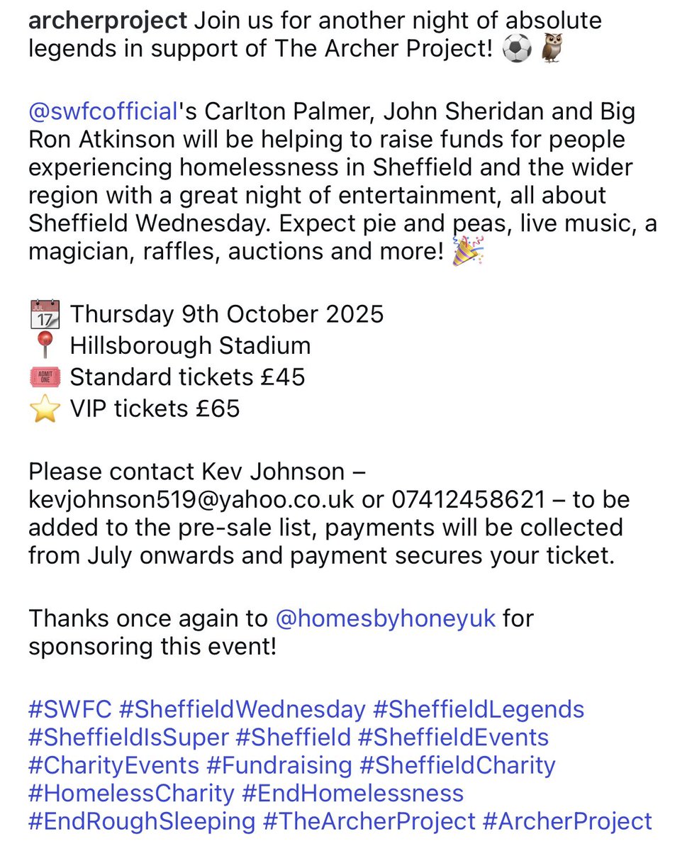 wedwarehouse1's tweet image. We are Supporting, homeless charity @archerproject join 3 #swfc #sheffieldwednesday legends Big Ron, CP & Shez plus guests at Hillsbro, for an evenings entertainment book now to avoid disappointment, call or email @kevjohnson77 quoting Wednesday Warehouse today #wawaw👇🦉😎🏆