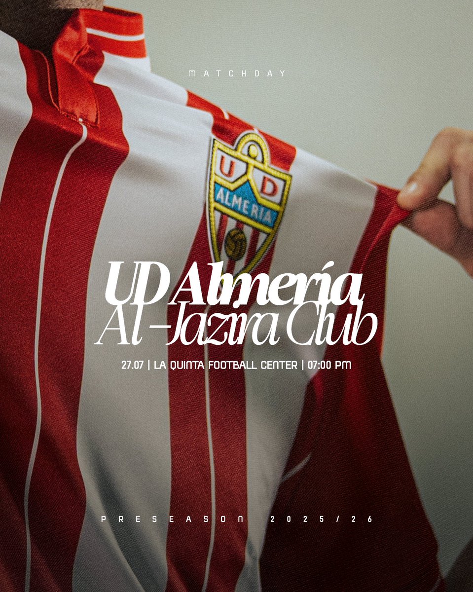 U_D_Almeria's tweet photo. ⚽ ¡Un nuevo día, un nuevo amistoso! 💪

🆚 @aljazirafc 
⌚ 19:00 h.
📍 La Quinta Football Center
📺 https://t.co/FnscYdZtXu

#PretemporadaUDA 🔴⚪ https://t.co/Lz5BR4xO6C