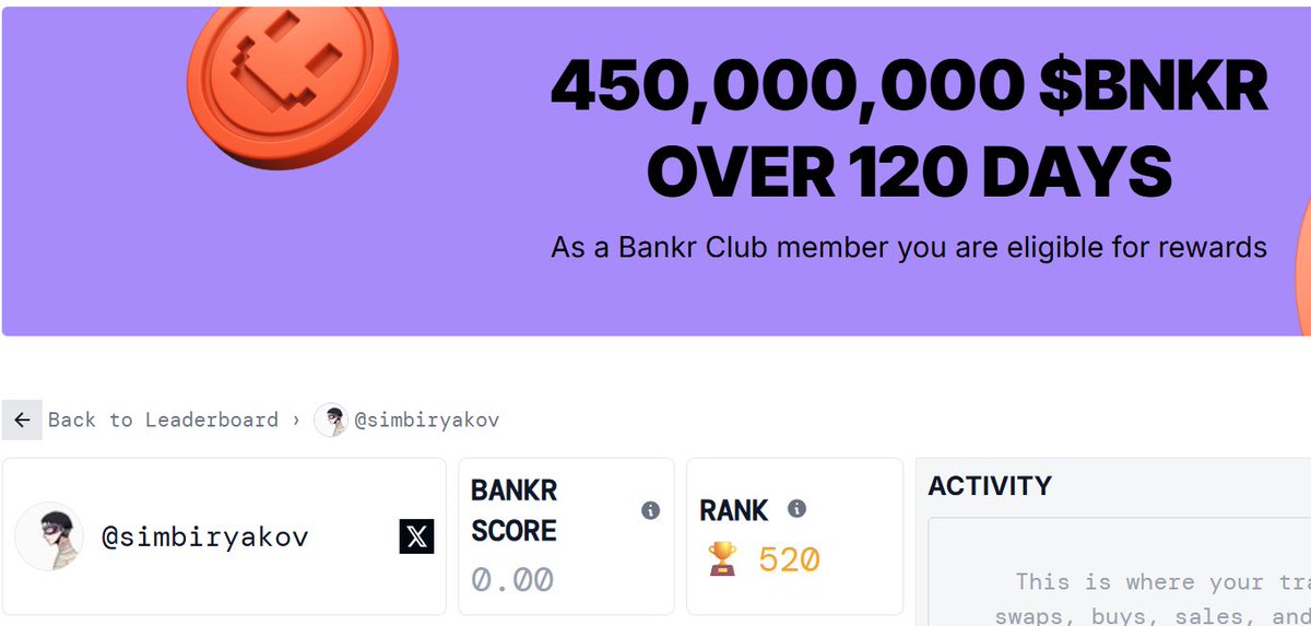 simbiryakov's tweet image. I admit I haven't been yapping about $bnkr much lately, but my friends are fucking awesome yappers! @darkknightutk @mehradrs @kenjiquest @HoganTheReformd I'm proud of you !
Check out my Bankr Club profile! 🏆
bankr.bot/leaderboard/pr…