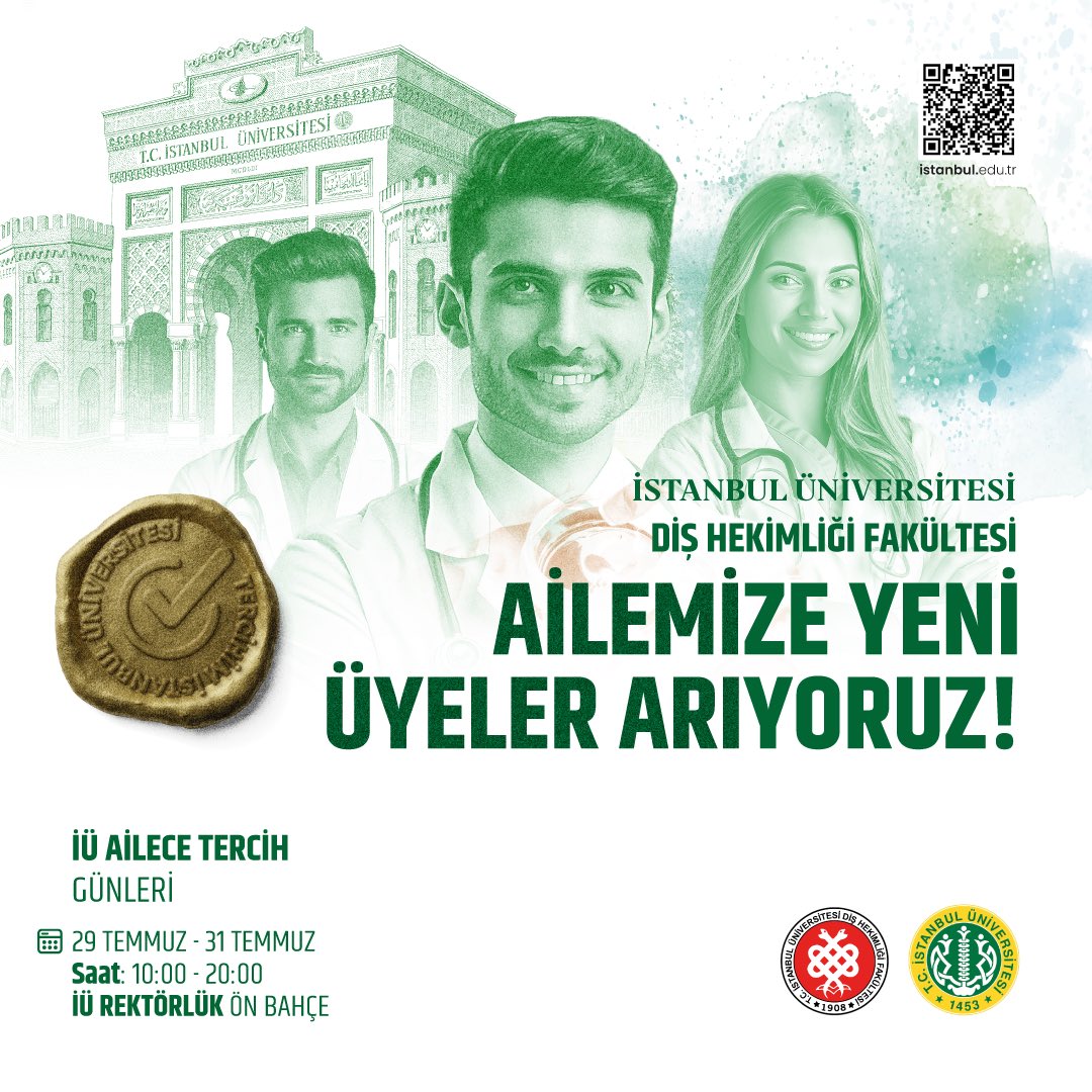 istuniresmi's tweet image. Diş Hekimliği Ailemize yeni üyeler arıyoruz!
🦷 Geleceği şekillendirecek ilk 1000’lerin parçasıysanız, sizi İstanbul Üniversitesi Diş Hekimliği Fakültesi ile tanışmaya bekliyoruz.
📌 2030’da nerede olmak istediğinize birlikte karar verelim.