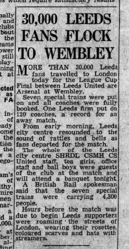 Leeds always took more…30,000 heading to Wembley for the 1968 league cup final, though it sounds like the reporter hasn’t been to a match since the 50s- I’m not ‘sure rattles and bells and hats with streamers’ were that common in the late 60s.
#LUFC #60sLeeds #ALAW #MOT