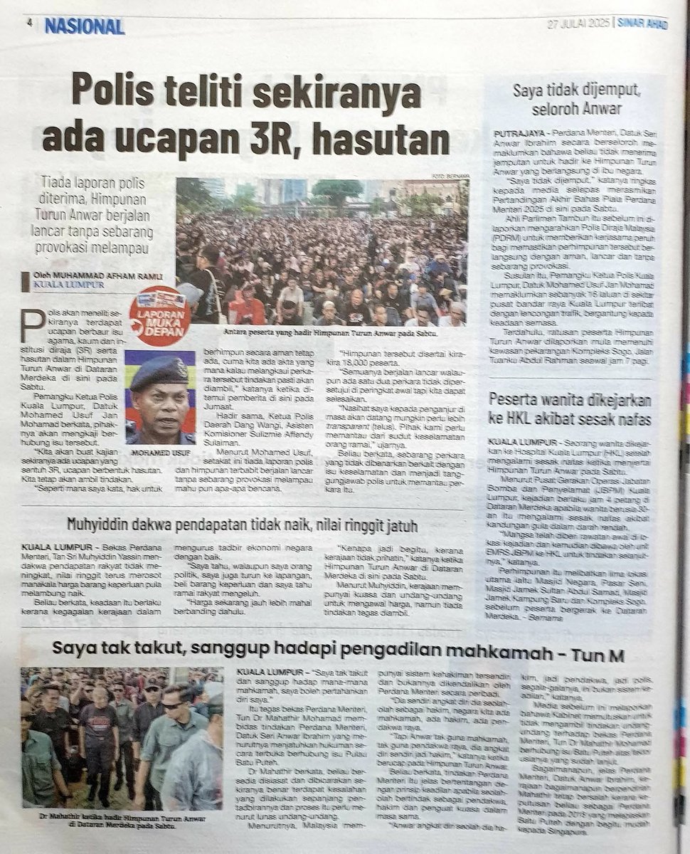 mohd_escobar's tweet image. SEMENTARA itu sekitar pemandangan laporan akhbar berbahasa Melayu berhubung gambaran dan analisis berhubung Himpunan Turun Anwar di Kuala Lumpur pada 26 Julai 2025
