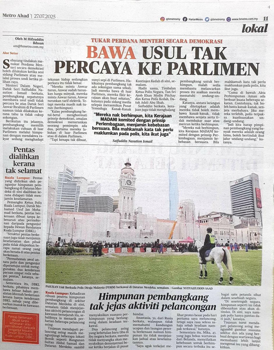 mohd_escobar's tweet image. SEMENTARA itu sekitar pemandangan laporan akhbar berbahasa Melayu berhubung gambaran dan analisis berhubung Himpunan Turun Anwar di Kuala Lumpur pada 26 Julai 2025