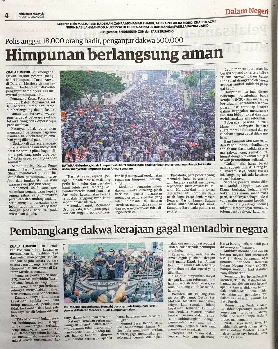 mohd_escobar's tweet image. SEMENTARA itu sekitar pemandangan laporan akhbar berbahasa Melayu berhubung gambaran dan analisis berhubung Himpunan Turun Anwar di Kuala Lumpur pada 26 Julai 2025