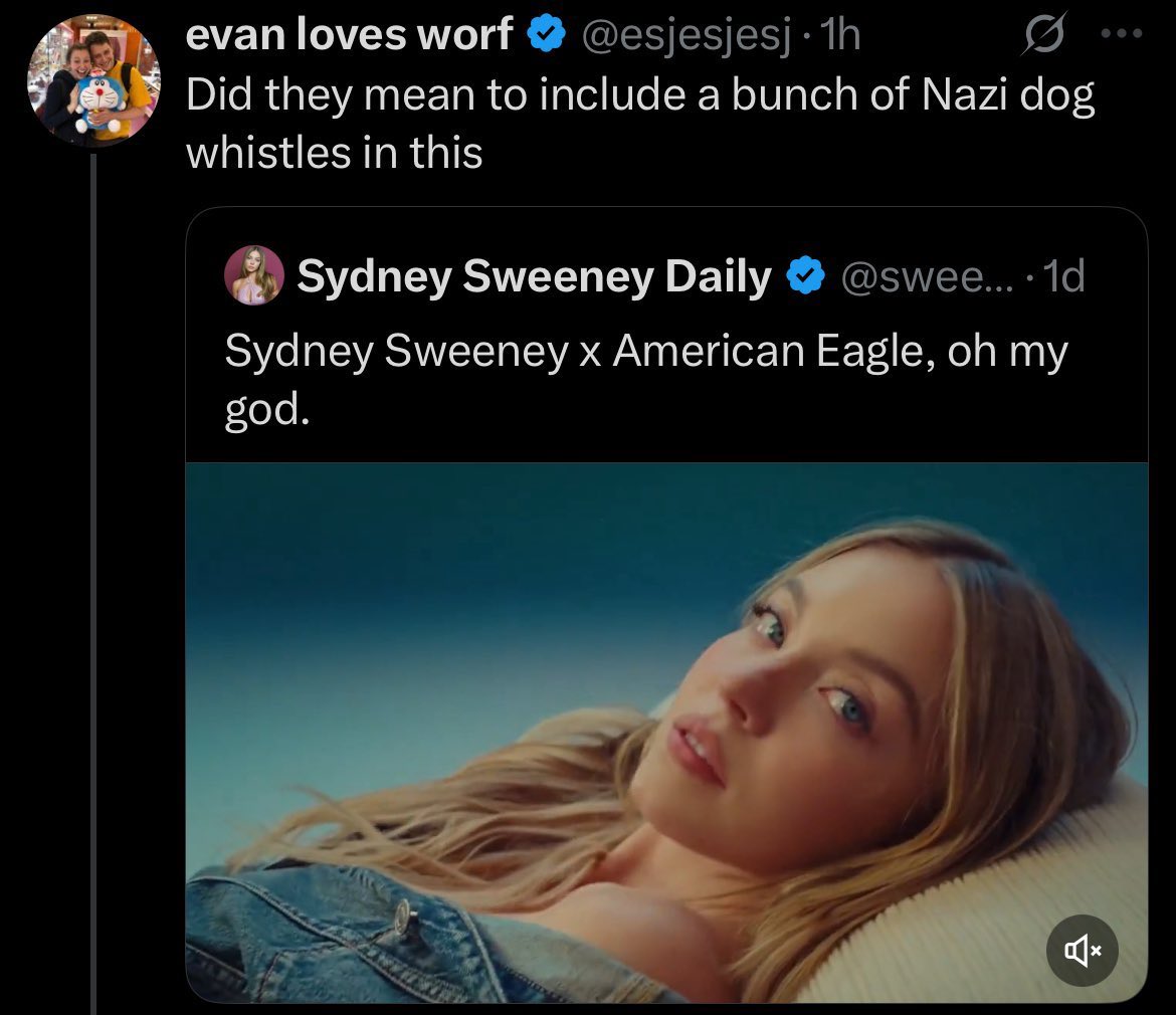 MemIngenjoeren's tweet image. American Eagle gör reklam med en snygg blondin och vänstern får spel.

När de säger &quot;a bunch of nazis&quot; så är det bara ett sätt att legitimera sitt hat mot vita.
