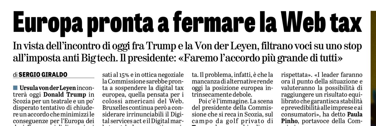 Il teatrale incontro tra vdL e Trump sul campo da golf in Scozia porta la rinuncia alla tanto strombazzata Web tax. Ma la posizione dell’Ue è sempre più debole. Oggi su <a href="/LaVeritaWeb/">La Verità</a>.