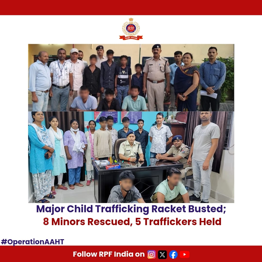 RPF_INDIA's tweet image. Major Human Trafficking Bust!

Joint team of #RPF, #GRP &amp;amp; #NGOs at #Ranchi and #Raxaul stations rescued 8 minor children being trafficked to different cities for labour.

5 traffickers nabbed and handed over to respective #GRP units. 
#OperationAAHT
#EndChildLabour…