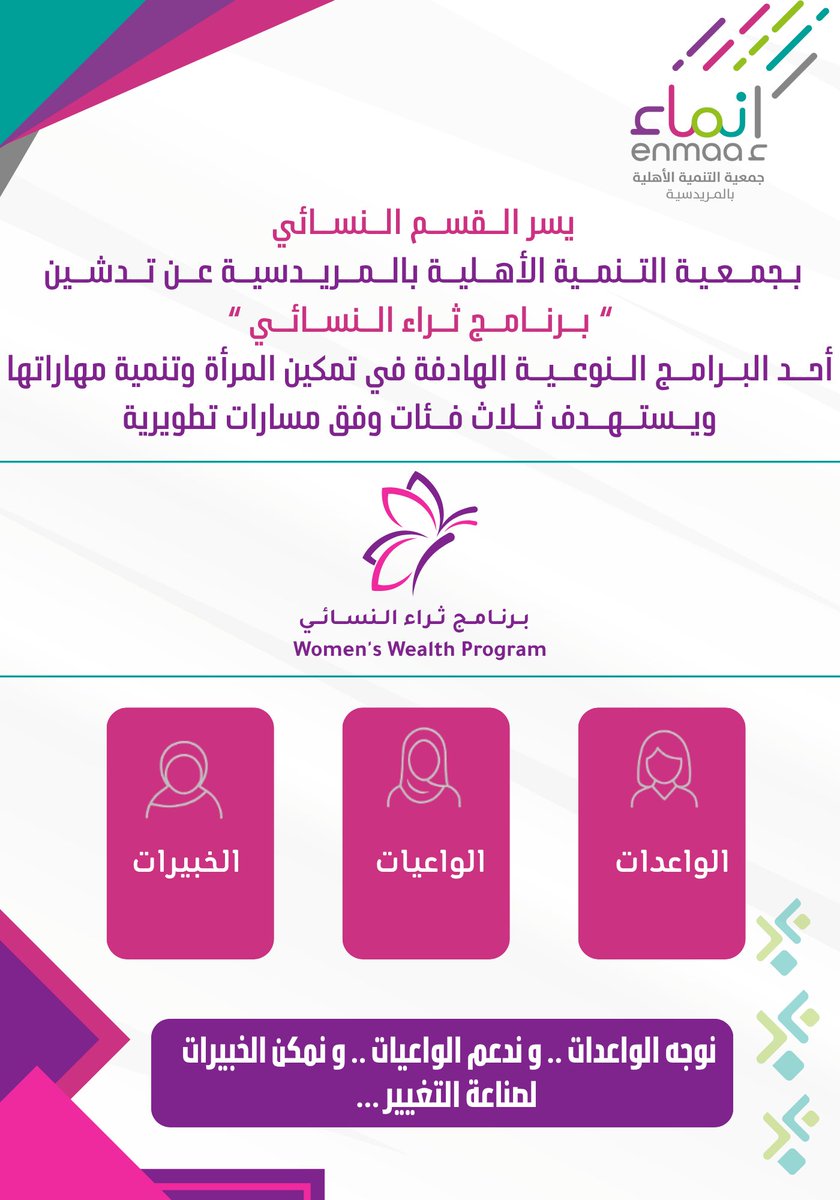 📄 | تعلن جمعية التنمية الأهلية بالمريدسية عن إطلاق برنامج " ثراء " النسائي 
أحد برامجها النوعية الهادفة إلى تمكين المرأة وتنمية مهاراتها 

#برامج_انماء