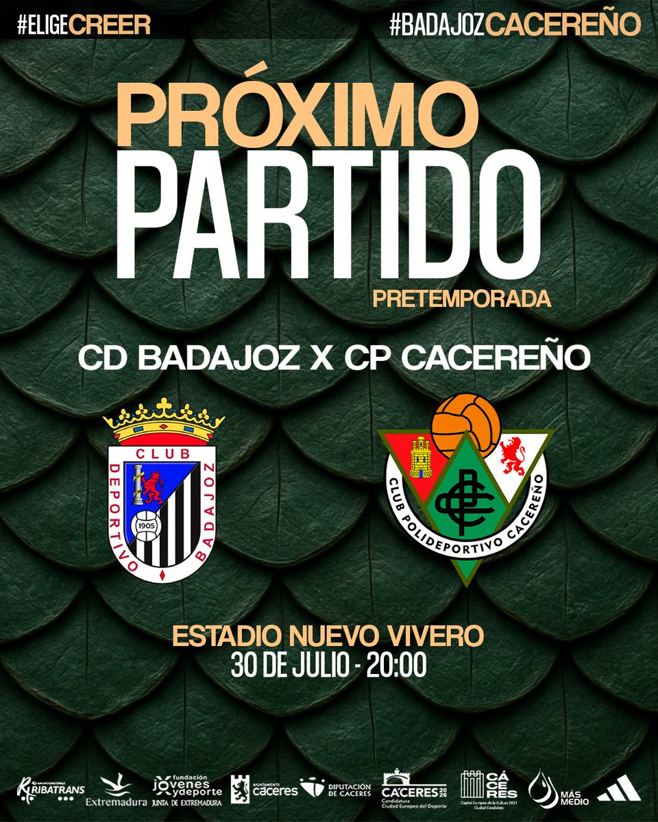 CPCacerenoSAD's tweet image. 🔜 Próximo partido
⚽️ Amistoso Pretemporada
🆚 @CDBadajoz
📆 30/07/2025
🏟️ Estadio Nuevo Vivero
🕗 20 horas
💶 10€ adultos; 5€ (4 a 14 años incluidos y movilidad reducida), gratis (0 a 3 años).
#BadajozCacereño #EligeCreer
#LaOrdenDelDecano #AúpaCPC
