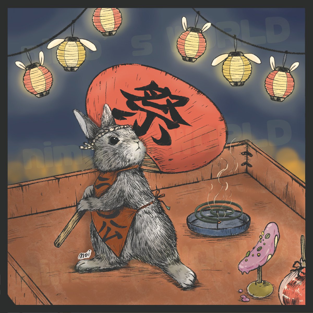 WorldNimo's tweet image. 近所でお神輿の音が聞こえて来たので今年もこの🐰の出番🪭
『祭りだてやんでぃうさぎ』
小さい体に大きな団扇。力一杯、舞を披露!
賑やかな声がそこらじゅうから聞こえてくるね!
今年も最高の夏祭り🍉
#イラスト #うさぎイラスト #芸術の輪 #art #cuteart #夏 #私を布教して #和風 #夏祭り