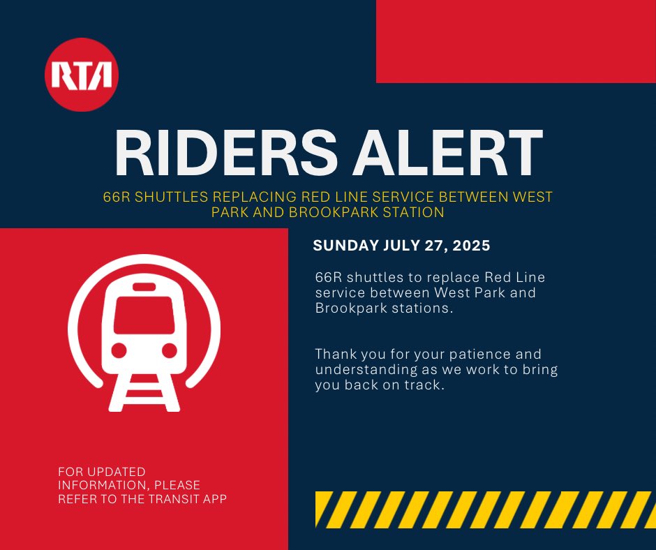 GCRTA's tweet image. π¨ SERVICE ALERT: 66R shuttles are replacing Red Line service between West Park and Brookpark stations until further notice. Please plan ahead and allow extra travel time. πβ