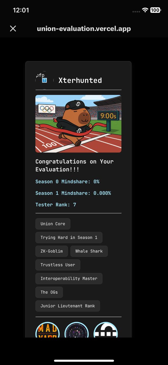 XterHunted's tweet image. Union Evaluation is Live!!! @union_build

Go Evaluate Yourself: union-evaluation.vercel.app

By @Shinosuka_eth

View a recap of your journey with Union
▪︎ Your contributions  
▪︎ Your achievements.