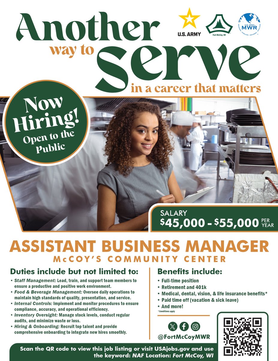 Fort McCoy MWR (@fortmccoymwr) on Twitter photo Join our team as an Assistant Business Manager
Duties include:
💶 Cash handling & inventory
✔️ Hiring, training & scheduling
✔️ Planning specials and working with vendors
Apply online at usajobs.gov/job/839126000 #WeAreHiring <a href="/181MFTB/">181st Inf. Bde. (MFTB)</a> <a href="/86thD/">86th Training Division</a> <a href="/88RDBlueDevils/">88th Readiness Division</a> <a href="/USAGMcCoy/">Fort McCoy</a> Join our team as an Assistant Business Manager
Duties include:
💶 Cash handling & inventory
✔️ Hiring, training & scheduling
✔️ Planning specials and working with vendors
Apply online at usajobs.gov/job/839126000 #WeAreHiring <a href="/181MFTB/">181st Inf. Bde. (MFTB)</a> <a href="/86thD/">86th Training Division</a> <a href="/88RDBlueDevils/">88th Readiness Division</a> <a href="/USAGMcCoy/">Fort McCoy</a>