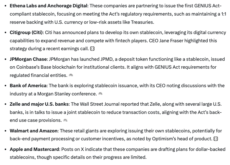 In addition to Tether working on issuing a USA Genius Act compliant stablecoin, so are they:

Zelle is HUGE. They currently link ALL (thousands) domestic banks together with an internal payment system.