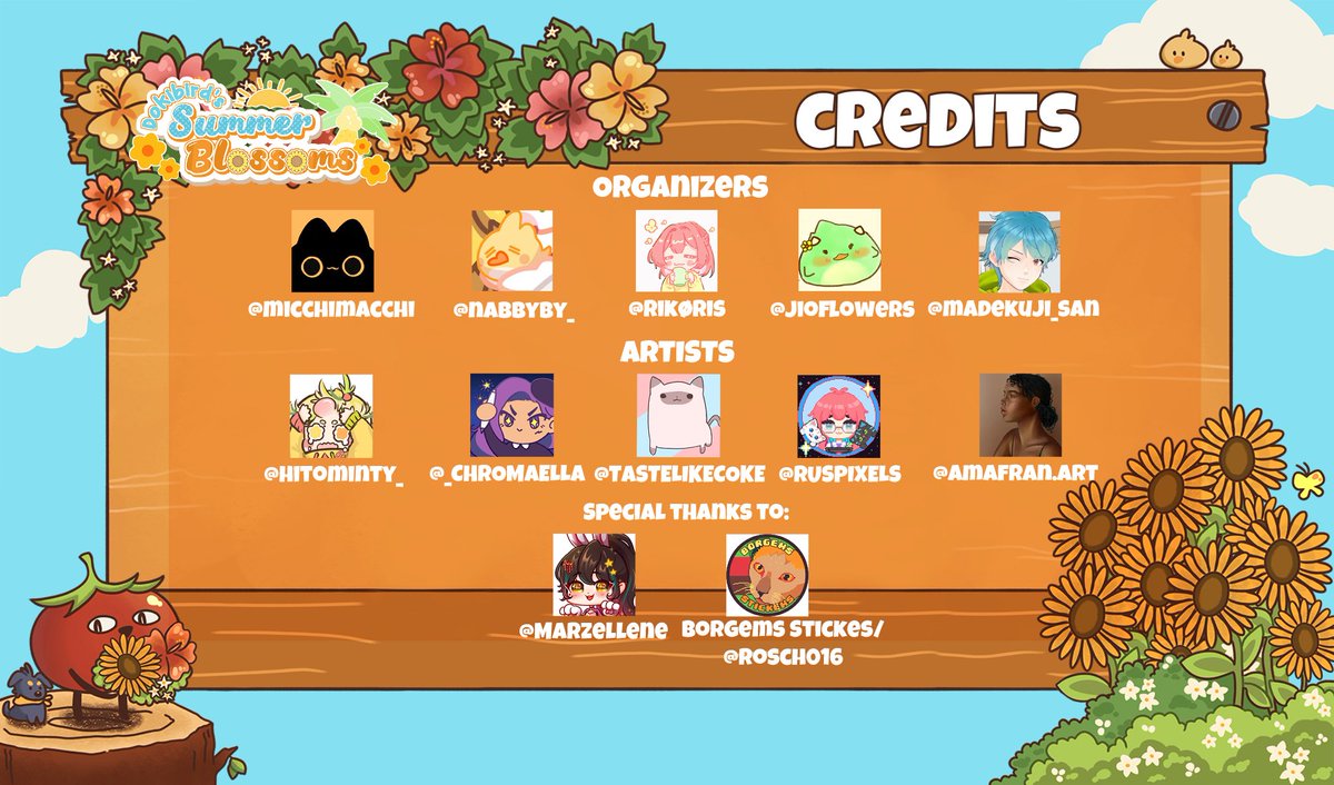 DkbrdPH's tweet photo. 🌺CREDITS 🌺

We would like to thank the organizers:
@nabbyby_ 
@jioflowers 
@rik0ris Lead Artist
@micchimacchi Lead Artist
@Madekuji_san

Our artists:
@hitominty_ 
@_chromaella 
@tastelikecoke 
@ruspixels 
@/amafran.art

Special thanks to:
@Marzellene 
@Rosch016 

#Dokibird https://t.co/zElVByp1oq