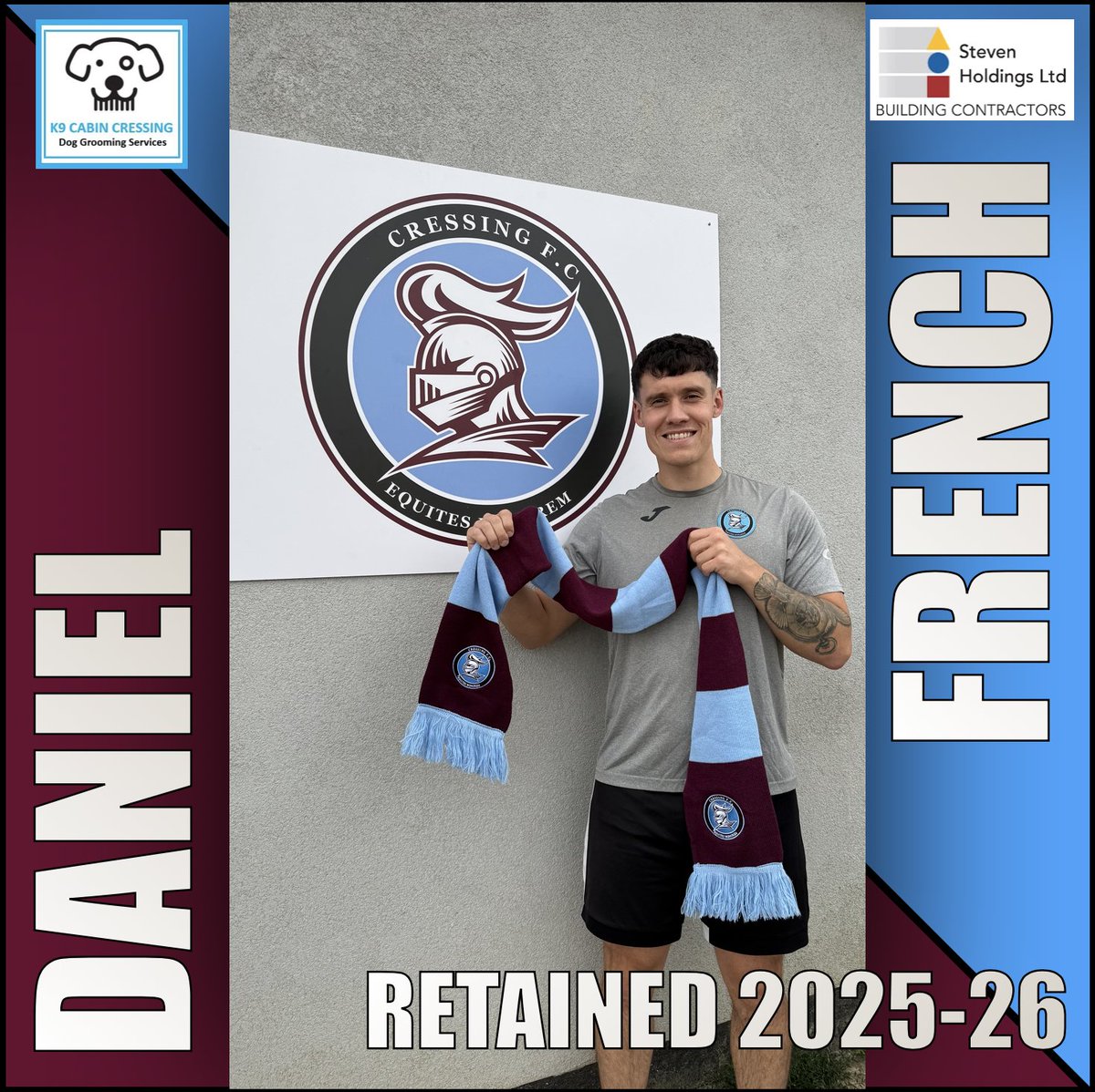 CressingFC's tweet photo. RETAINED 2025/26 🤝

Daniel French returns for another season💥

Up the Cressing!⚽️

#CressingFC
#K9CabinCressing
#StevenHoldingsLTD
#UTC https://t.co/0yENXMB3wz