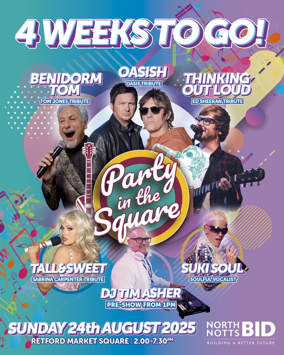The countdown is on... just 4 weeks to go until Party in The Square! 🎙️🎤🎶

Join in on the fun on Sunday 24th August at Retford Market Square. Enjoy live music and entertainment from 1pm - 7:30pm. For more info on this fabulous event, go to - fb.me/e/4DbqOLJJW