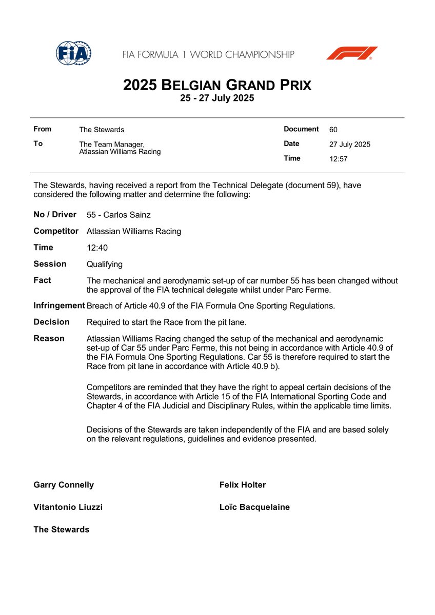 fiadocsbot's tweet image. New document: Doc 60 - Infringement - Car 55 - Changes made during Parc Ferme
Published on 27.07.25 13:00 CET
fia.com/system/files/d…
#F1 #Formula1 #FIA #BelgianGP 🇧🇪