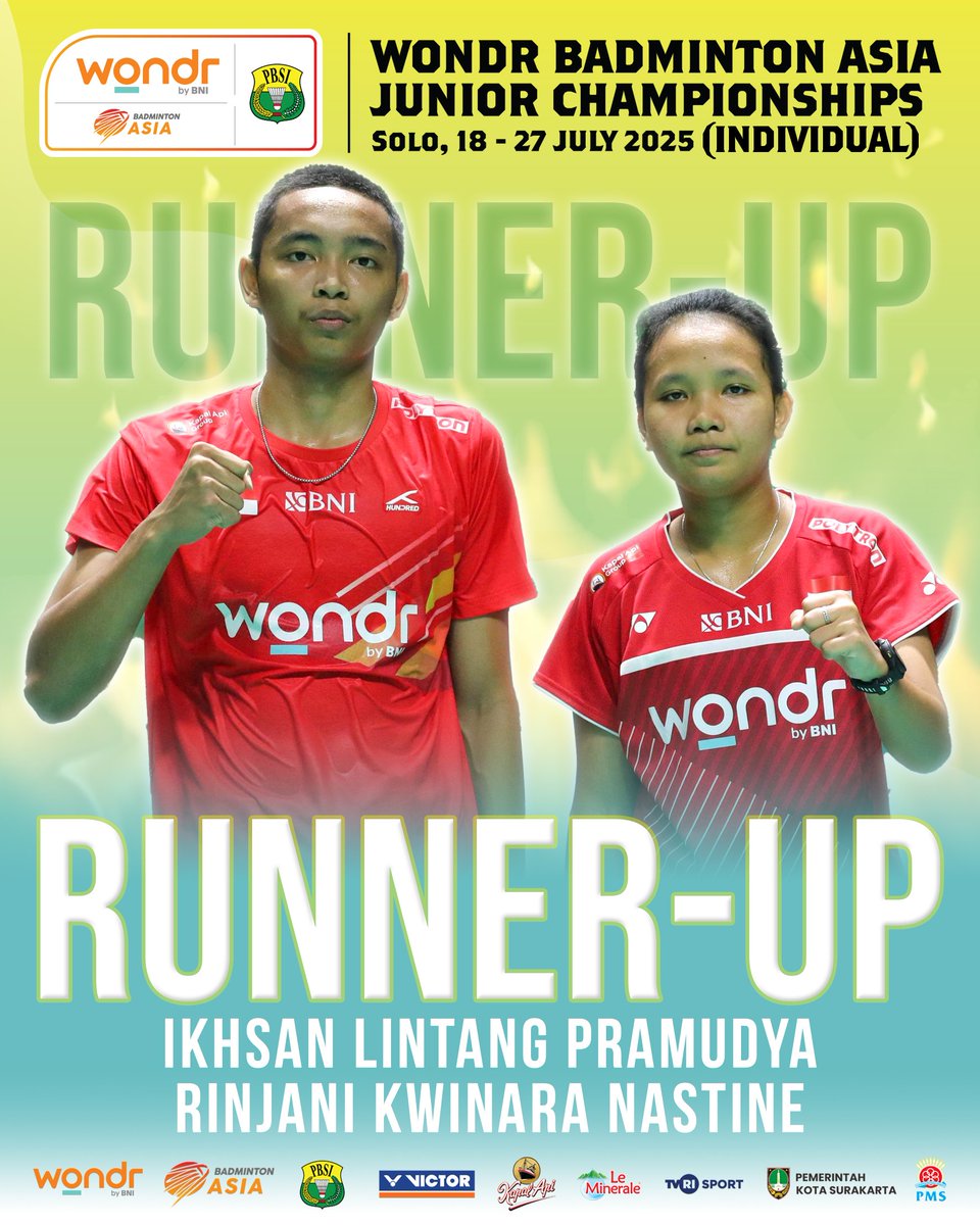 INABadminton's tweet image. Ikhsan Lintang Pramudya/Rinjani Kwinara Nastine keluar sebagai runner up Ganda Campuran WONDR Badminton Asia Junior Championships 2025.

Selamat Lintang/Jani!

#BadmintonIndonesia
#WONDRBadmintonAsiaJuniorChampionships2025
#AJC2025
