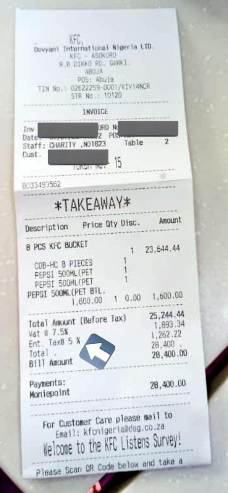 The BIG One on your Radio (@danielthebigone) on Twitter photo Dear <a href="/kfcnigeria/">KFC Nigeria</a>
Help an ignorant Nigerian understand why 12.5% tax overall is being collected by your organization off of a purchase?
VAT at 7.5% has been exempted for food, but I can overlook that.
What the heck is "Ent Tax"? Hope it isn't entertainment tax bcos I wasn't. Dear <a href="/kfcnigeria/">KFC Nigeria</a>
Help an ignorant Nigerian understand why 12.5% tax overall is being collected by your organization off of a purchase?
VAT at 7.5% has been exempted for food, but I can overlook that.
What the heck is "Ent Tax"? Hope it isn't entertainment tax bcos I wasn't.