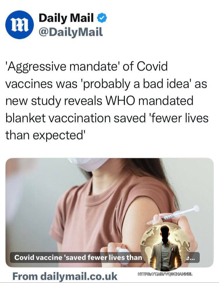 LadyAfro17's tweet photo. 27 luglio 2025, Regno Unito 

BELLA USCITA DEL MAIL

Il quotidiano #britannico #Daily_Mail riporta i risultati di uno studio dell’#OMS secondo cui l’obbligo vaccinale durante il #Covid sia stato “probabilmente una cattiva idea”, arrivando al risultato che tutti ormai conoscono: i vaccini hanno salvato meno persone di quanto si aspettassero.

#27luglio #UK #RegnoUnito
#EurasiaNews #Covid19
#covidvaccine #Europa

https://t.co/sjsTx1rew2