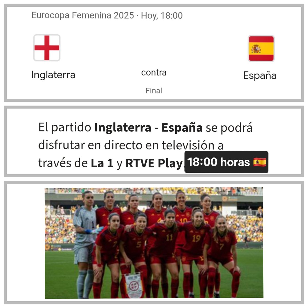 ¡Vamos! Hoy todos a animar a la,Selección Española de Fútbol femenina 🇪🇸🇪🇸⚽️⚽️⚽️💪💪18:00 horas FINAL EUROCOPA contra Inglaterra 🏴󠁧󠁢󠁥󠁮󠁧󠁿 18 horas