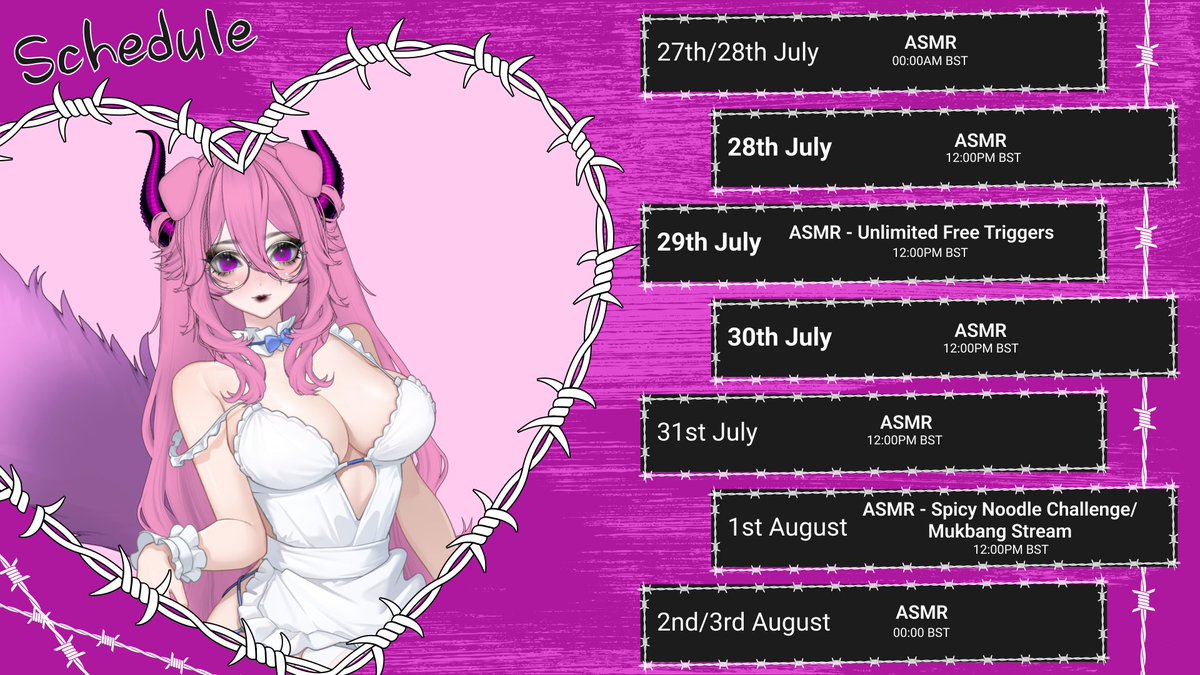 WhispPaw's tweet image. Schedule for next week 🩷
_________________
Stream at 00:00BST
#ASMR #VTuber #LewdTuber