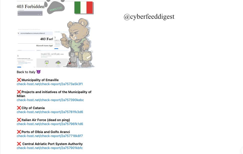 cyberfeeddigest's tweet image. ๐ฅ #NoName057 Launches #DDOS Wave on #Italy โ Gov & Military Sites Hit
The pro-Russian group #NoName057 allegedly targeted several key ๐ฎ๐น Italian portals with #DDOS attacks:
โ Municipality of Emaville
โ Projects of Milan Municipality
โ City of Catania
โ Italian Air Forceโฆ