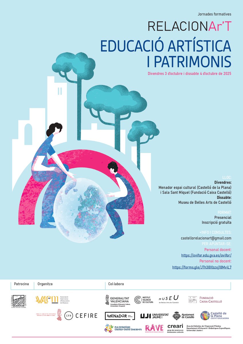 🎨🧠 Torna una nova edició de RELACIONAr’T 2025, les Jornades formatives sobre educació artística i patrimonis a Castelló de la Plana!

📅 Divendres 3 i dissabte 4 d’octubre de 2025
📍 Presencial, inscripció gratuïta
Organitza: @AVALEM_museus + CEFIRE Castelló

#Recomanem

👇👇👇