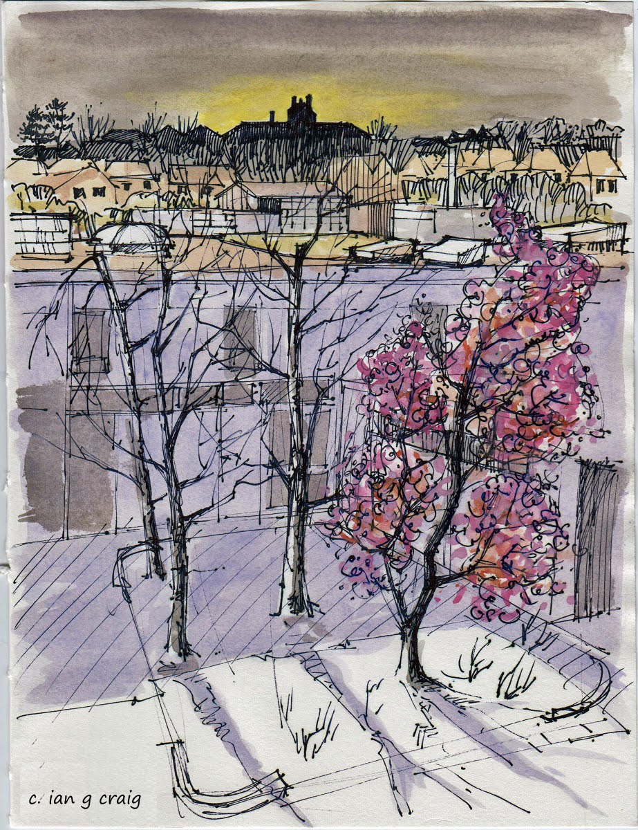 IanGordonCraig's tweet image. #Drawing #Sketchbook #Buildings. The crematorium on a hill. This was the view from my art department way back in my years as a teacher.