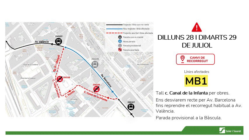 🚌 Demà dilluns 28 i dimarts 29 de juliol, el recorregut de la línia de BUS urbà MB1 es veurà afectat pel tall al carrer Canal de la Infanta.

🗺️ Aquí trobaràs tota la informació:

#SomMolinsdeRei