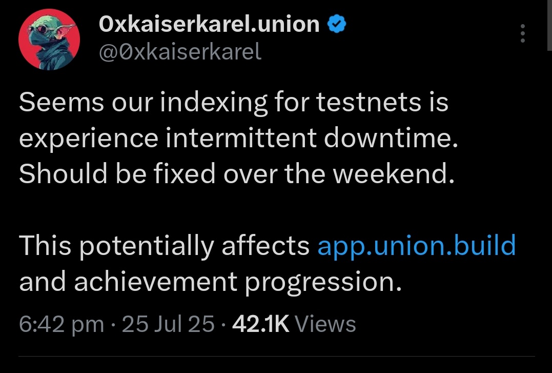 CrocsJerry's tweet image. If your having issues with your transactions not counting on the dashboard on @union_build testnet this message is for you
Because I noticed that all my transactions done for the pass few days are yet to reflect on my dashboard
Until I see this message from @0xkaiserkarel one…
