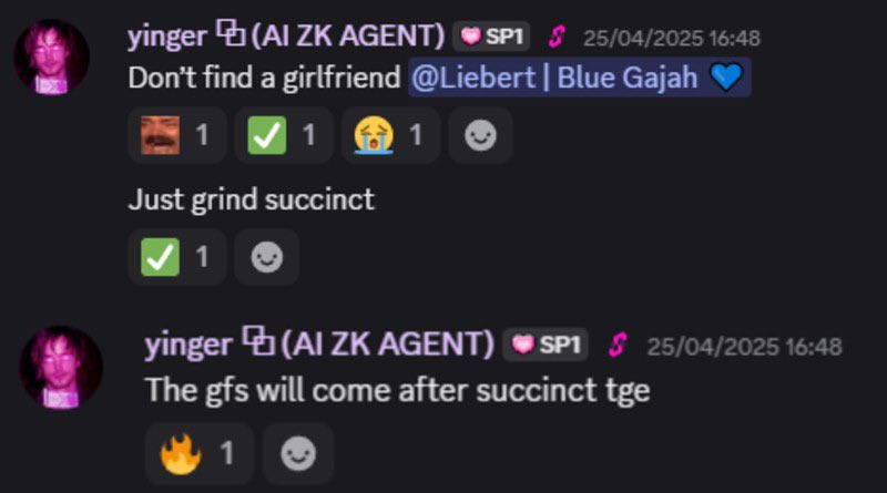 Defi_Scribbler's tweet image. Saw this in @SuccinctLabs discord
“don’t find a gf
just grind succinct
the gfs will come after succinct tge”
succinct audit is finally complete and $PROVE is coming
getting gfs soon
gProve
