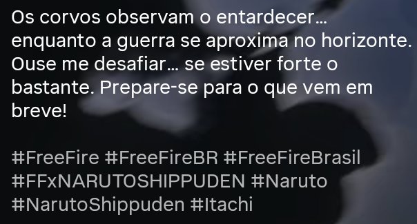 freefireNew's tweet photo. Os corVOs observam o entardecer..

enquanto a guerra se aproxima no horizonte.Ouse me desafiar... se estiver forte obastante. Prepare-se para o que vem embreve!

#FreeFire #FreeFireBR #FreeFireBrasil#FFxNARUTOSHIPPUDEN #Naruto

#NarutoShippuden #Itachi https://t.co/bAtmxZO7QM