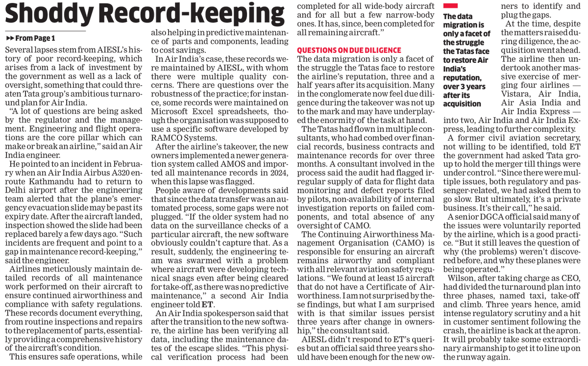 Arindam Majumder (@ari_maj) on Twitter photo Today in the <a href="/EconomicTimes/">Economic Times</a>
Botched records of critical parts, repeated oversight at top management and a complicated merger- Capability of engineering remains Achilles' heel for Air India #aviation Today in the <a href="/EconomicTimes/">Economic Times</a>
Botched records of critical parts, repeated oversight at top management and a complicated merger- Capability of engineering remains Achilles' heel for Air India #aviation