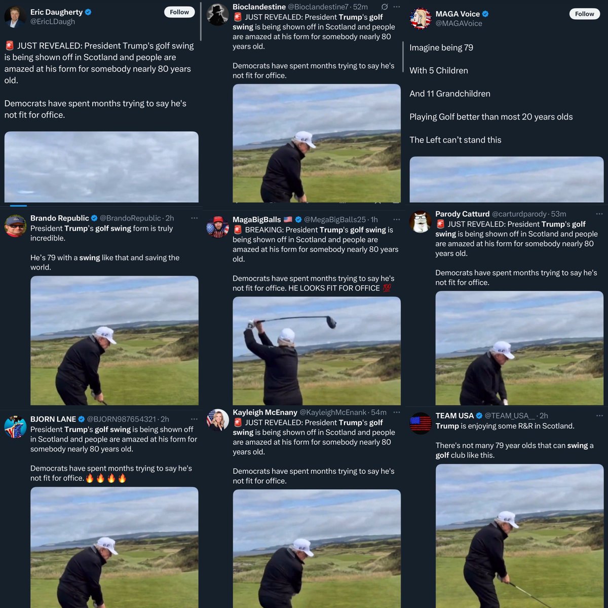 The MAGA movement's engagement is so high because they coordinate their posts and campaign efforts.

Here, we see a coordinated campaign praising Trump's golf skills - likely an attempt to shift focus away from the Epstein case.
