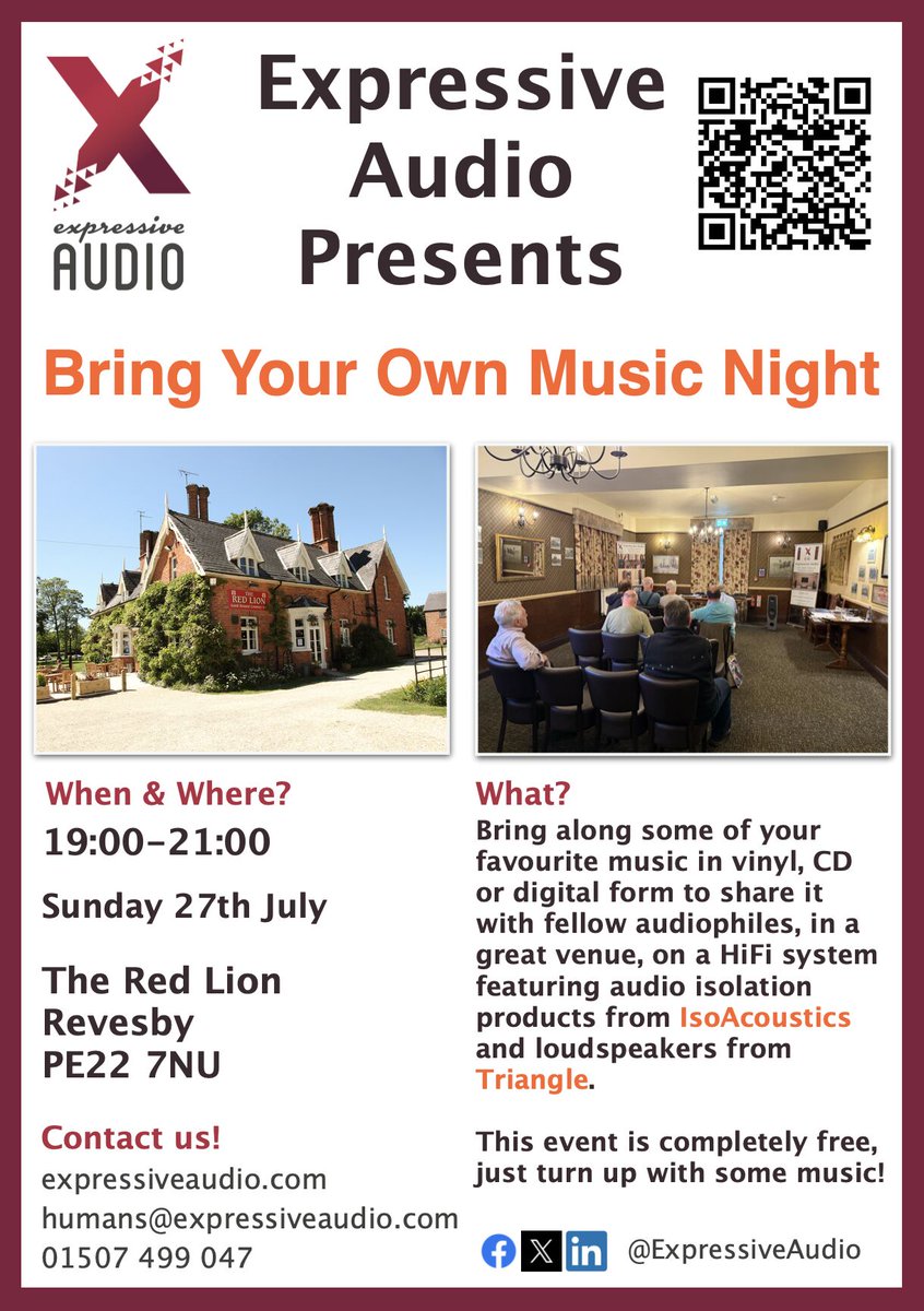 ExpressiveAudio's tweet image. Final reminder for our 'Bring Your Own Music Night' at @redlionrevesby this evening! Join us to enjoy your favourite #music on a #HiFiSystem with #AudioIsolation products from @IsoAcoustics & #loudspeakers from Triangle.
Find out more: zurl.co/10SmW
#HiFi #Lincolnshire