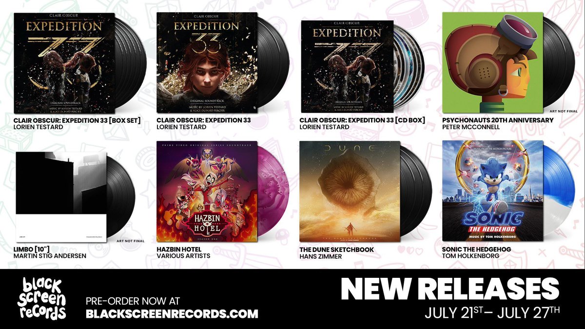 blackscreenrec's tweet image. Clair Obscur: Expedition 33 on vinyl and CD!! That's what you loved most this week. 👀
But there's been other awesome releases like Disney picture discs, Bullet Time, Psychonauts, a new Hazbin Hotel variant and loooots of other stuff. 🔥
mailchi.mp/blackscreenrec…
