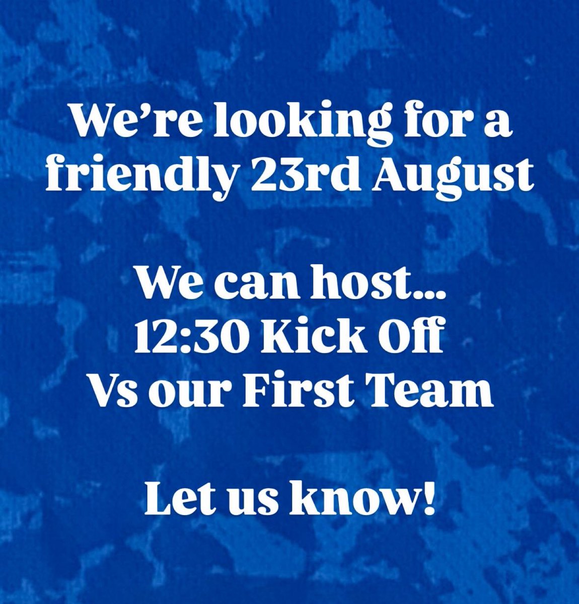 📢📣 Friendly needed‼️

23rd August
Flitwick Football Centre
12:30KO
You sort ref, we sort pitch
Vs our First Team

Let us know if interested