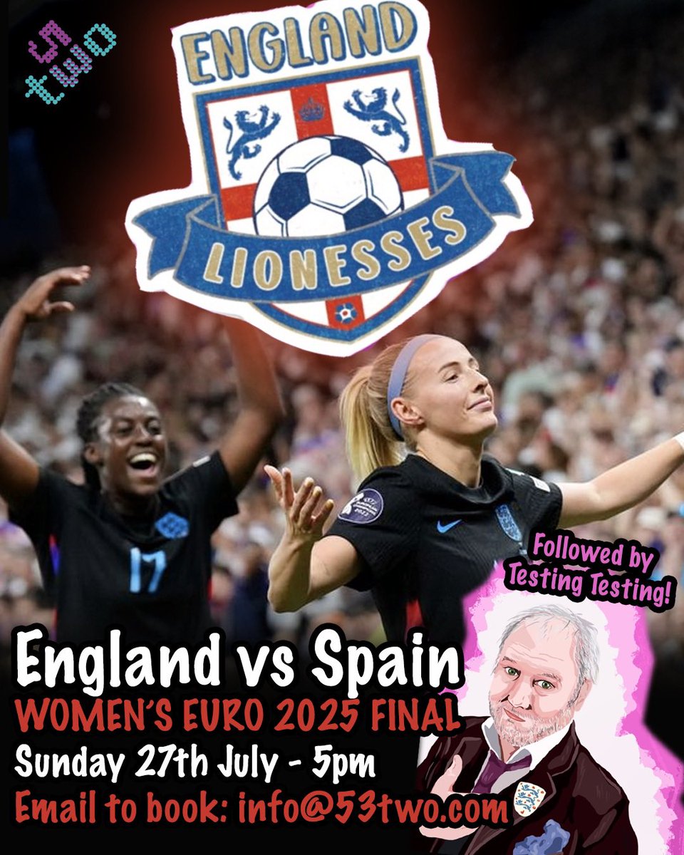 53two's tweet image. Join us at 5pm to watch The Lionesses march to ANOTHER victory! 🏴
England v Spain, live in the arches on the BIG SCREEN! ⚽️
Come grab a seat & a bev! 💜💙
#Manchester