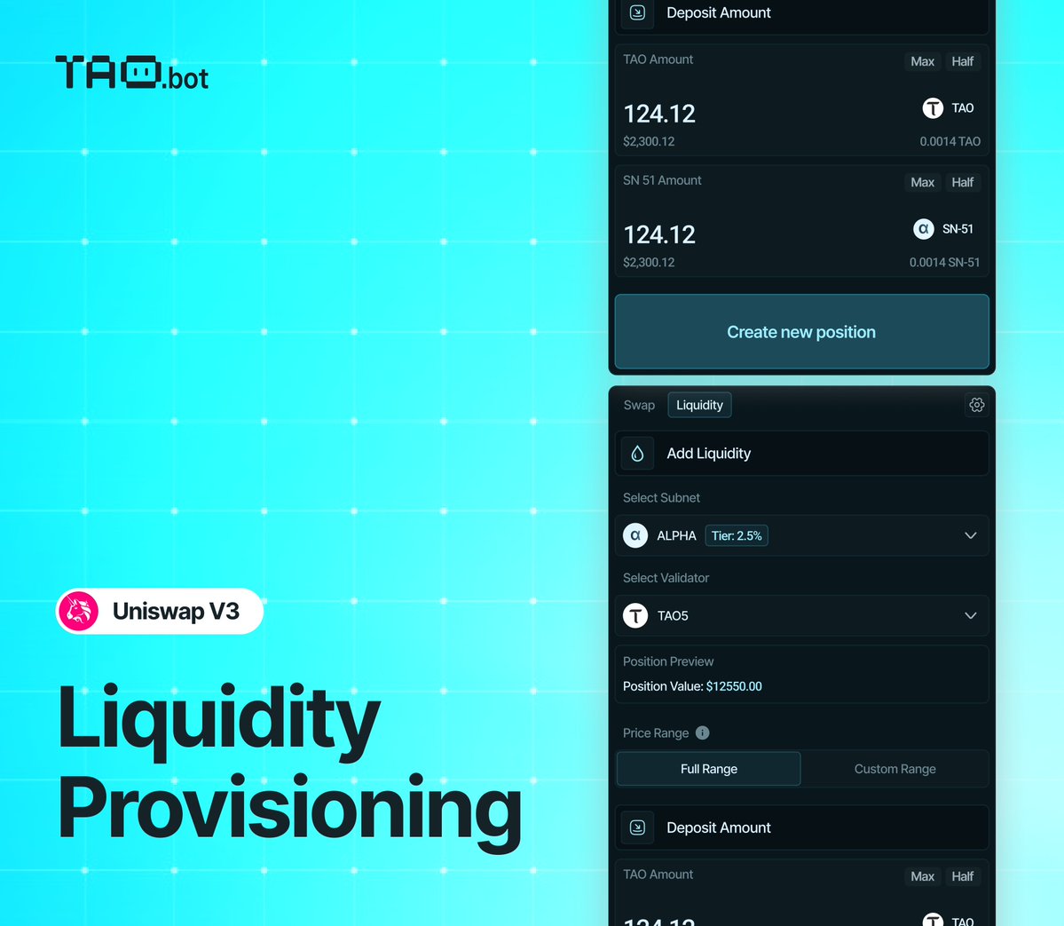 taodotbot's tweet image. 👀 Sneak Peek: Liquidity Provisioning is Almost Here

Next week, we&apos;re launching Uniswap V3-style liquidity provisioning directly on tao.bot, in a seamless UI you&apos;ll instantly recognize.

Providing liquidity and earning rewards from subnet tokens is about to…