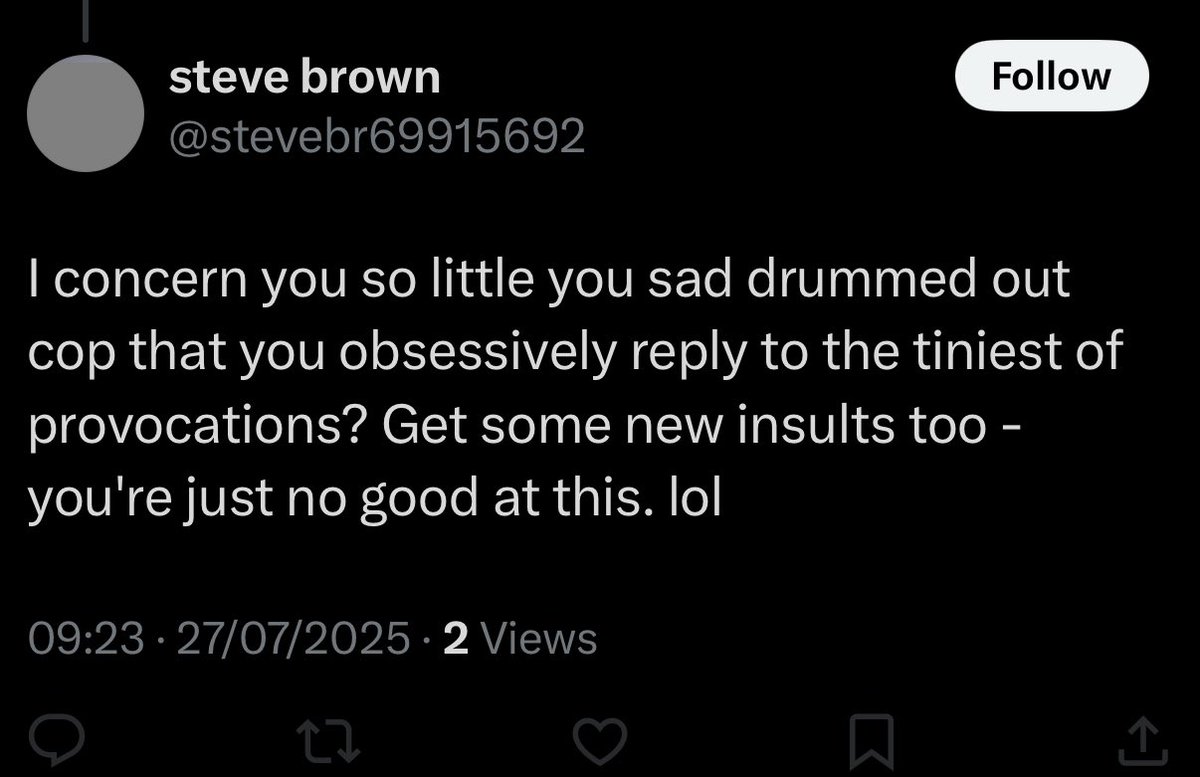 WasAcop_'s tweet image. I've nothing else to do, pal; I'm retired. Would you prefer I just stare at four walls?
Typical left.
Insult, deny, deflect, and when you realize you've lost, you block.
And you say I've got a sad life.
@stevebr69915692