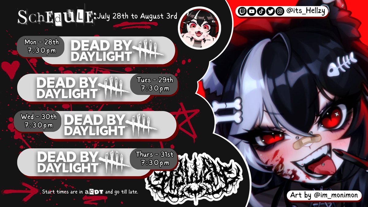HELLZY 🤘🏻🦨🩸 Neko-Vampire Vtuber (@its_hellzy) on Twitter photo 🗓️︱𝐒𝐭𝐫𝐞𝐚𝐦 𝐬𝐜𝐡𝐞𝐝𝐮𝐥𝐞: 𝐉𝐮𝐥𝐲 𝟐𝟖𝐭𝐡 𝐭𝐨 𝐀𝐮𝐠𝐮𝐬𝐭 𝟑𝐫𝐝
↳ lets try again to not take a day off 🫠🫠🫠
𝘼𝙧𝙩 𝙗𝙮: <a href="/im_monimon/">🩷 𝗠 𝗢 𝗡 ⟡ 𝗖𝗢𝗠𝗠𝗦 𝗢𝗣𝗘𝗡 🩷</a>︱Twitch.tv/its_Hellzy 🗓️︱𝐒𝐭𝐫𝐞𝐚𝐦 𝐬𝐜𝐡𝐞𝐝𝐮𝐥𝐞: 𝐉𝐮𝐥𝐲 𝟐𝟖𝐭𝐡 𝐭𝐨 𝐀𝐮𝐠𝐮𝐬𝐭 𝟑𝐫𝐝
↳ lets try again to not take a day off 🫠🫠🫠
𝘼𝙧𝙩 𝙗𝙮: <a href="/im_monimon/">🩷 𝗠 𝗢 𝗡 ⟡ 𝗖𝗢𝗠𝗠𝗦 𝗢𝗣𝗘𝗡 🩷</a>︱Twitch.tv/its_Hellzy