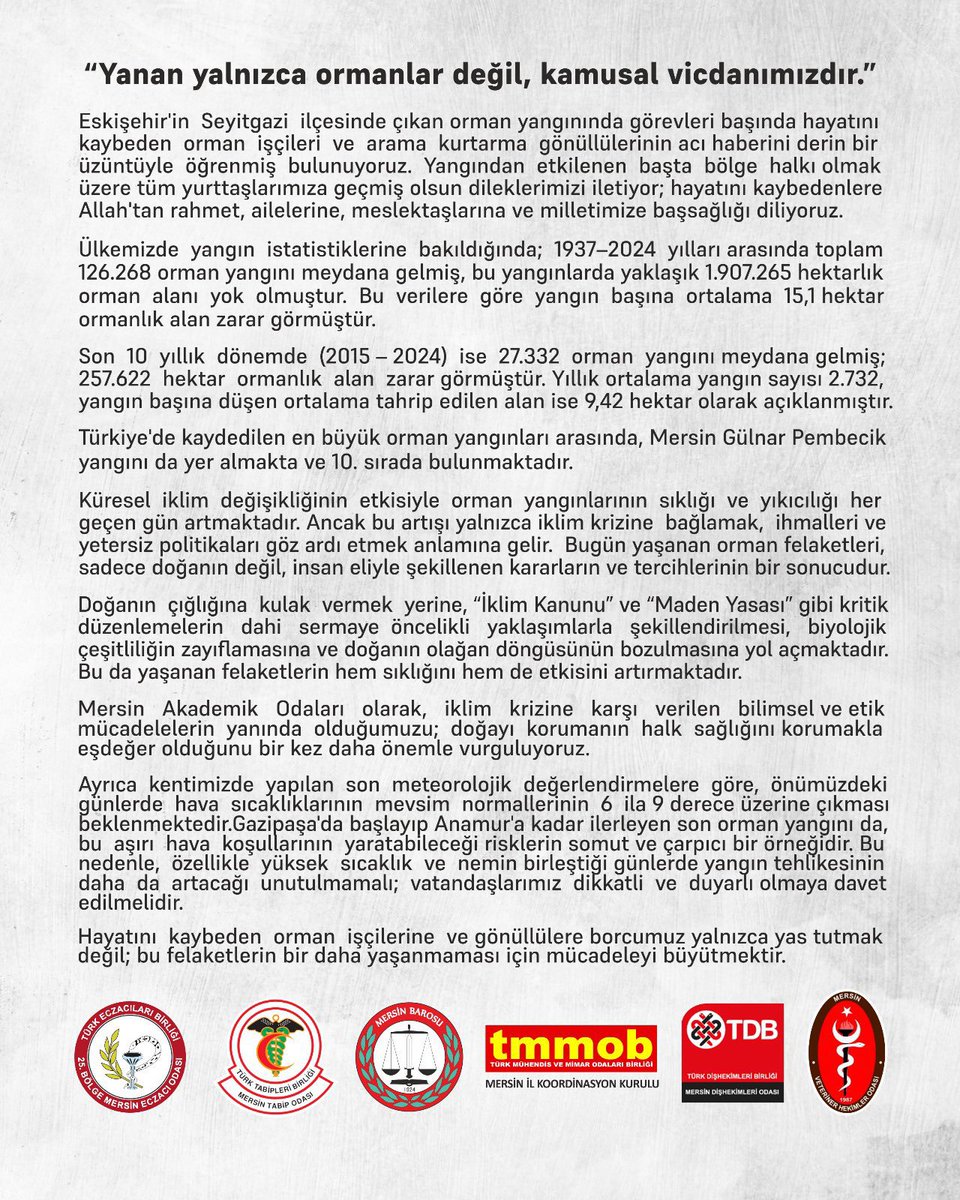 Yanan yalnızca ormanlar değil, kamusal vicdanımızdır!
Mersin Akademik Odalar ortak çağrısı 👇